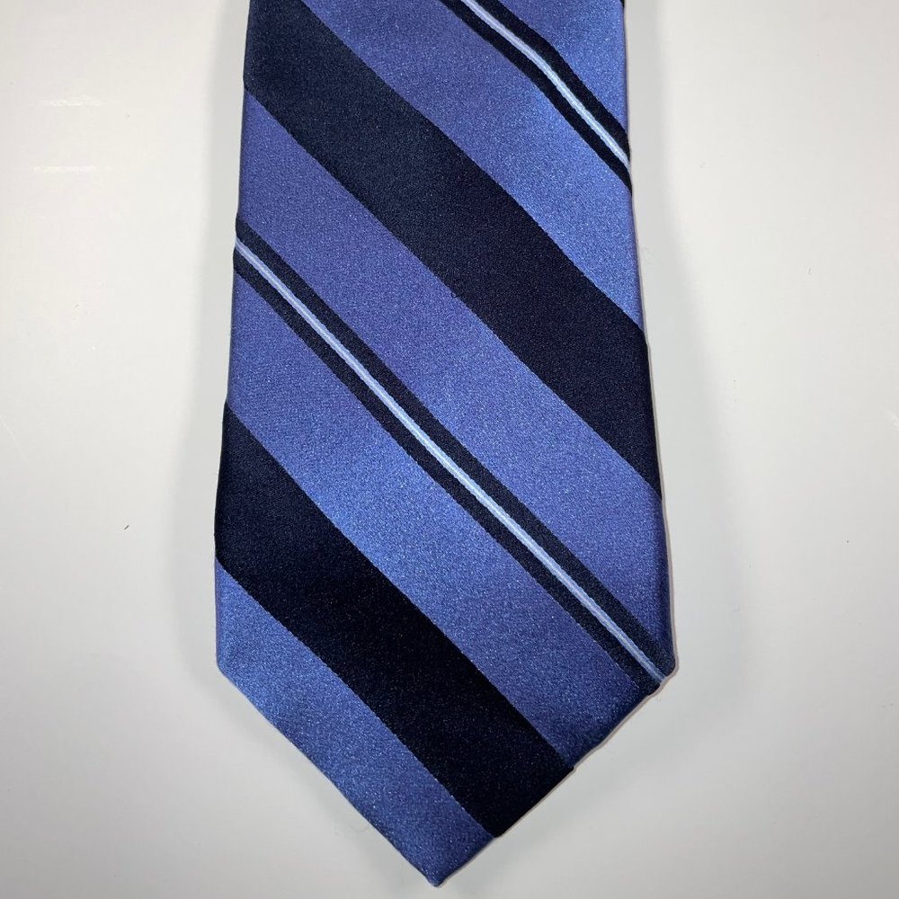 Silk Valentino Tie - Navy, White & Light Blue Diagonal Stripes